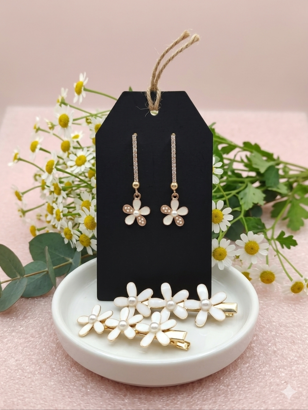 Luxe Kate Spade Style Daisy Drop Earrings & Floral Hair Clip Set
